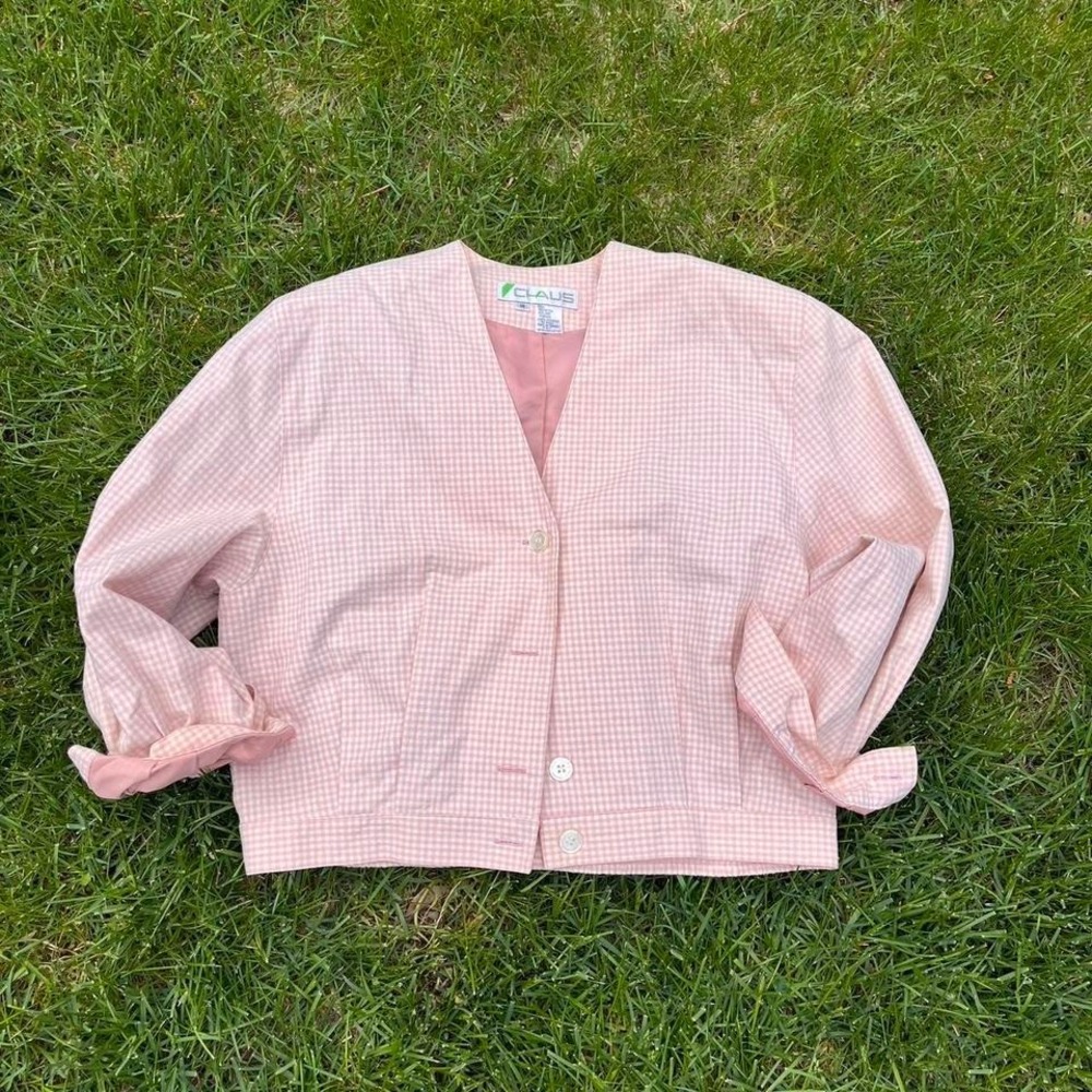 Vintage 90s Pink Gingham Cropped Jacket Oversized‎ Retro Outerwear Size L